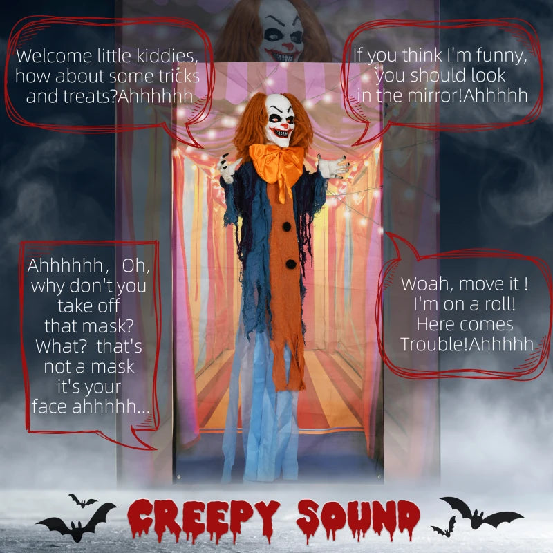 168 cm Life Size Scary Animated Circus Clown with Light Up Eyes & Moving Arms - Halloween Party Decoration