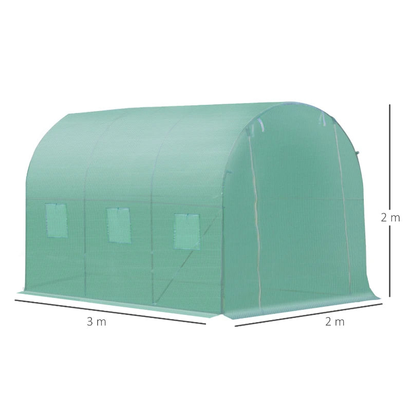 Green Garden Tunnel Greenhouse with Roll-Up Door, 3x2M