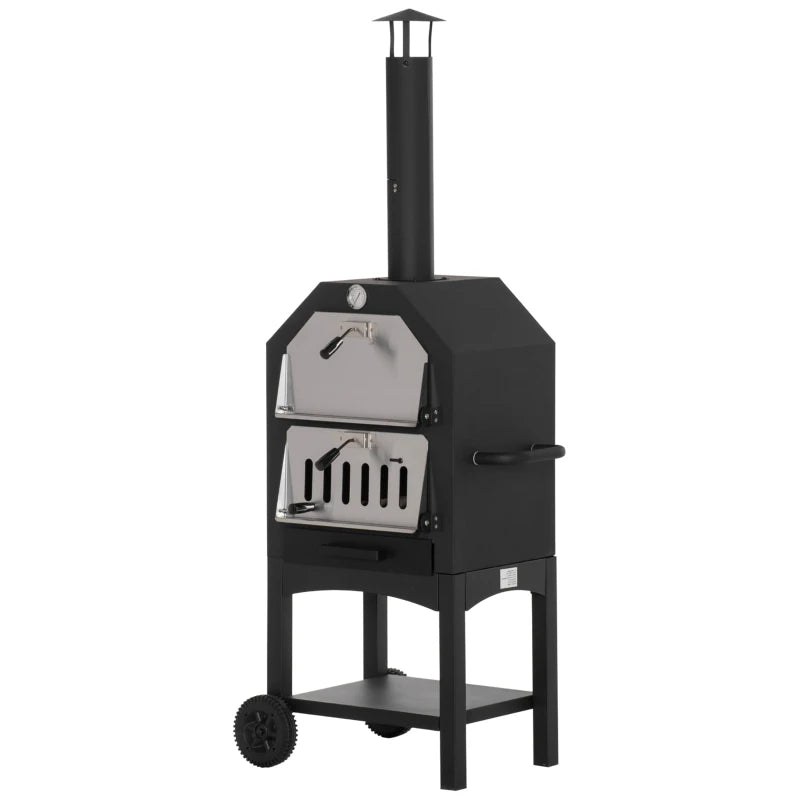 Stainless Steel Outdoor Pizza Oven BBQ Grill - Charcoal, 3-Tier, Chimney, Thermometer, Wheels - Black