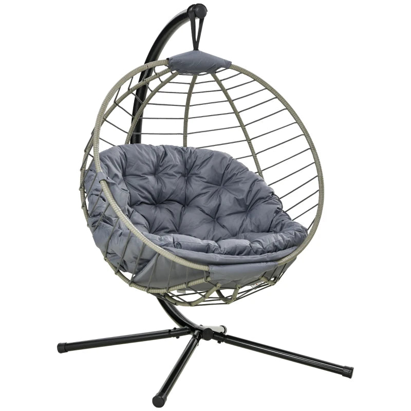 Grey Rattan Swing Chair with Metal Stand and Padded Cushion