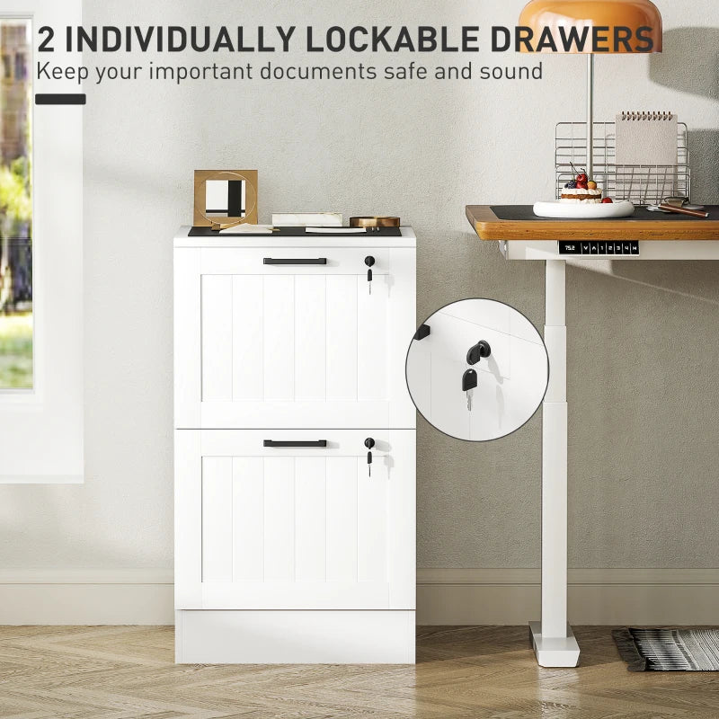 Secure 2 Drawer Filing Cabinet with Lock - Adjustable Hanging Bars for A4 Files - Stylish White Office Storage Solution