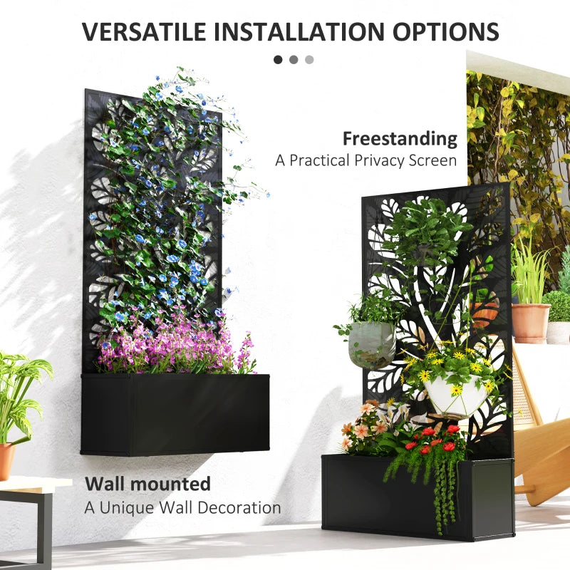 Outdoor Metal Planter with Back Trellis - Black - Large Size - 113H x 61L x 23W cm