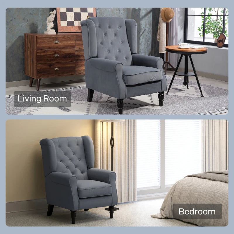 Retro Upholstered Wingback Accent Chair with Button Tufting for Living Room and Bedroom in Grey