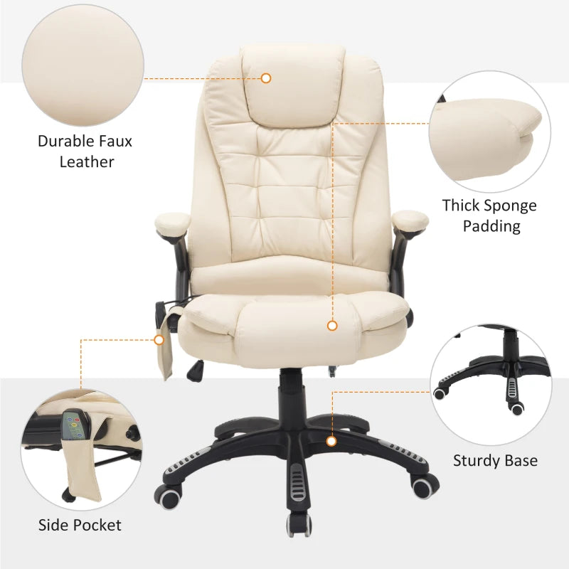 Beige 6-Point Massage Office Chair with Heated Seat - PU Leather High Back Executive Desk Chair, Adjustable Height & 360° Swivel