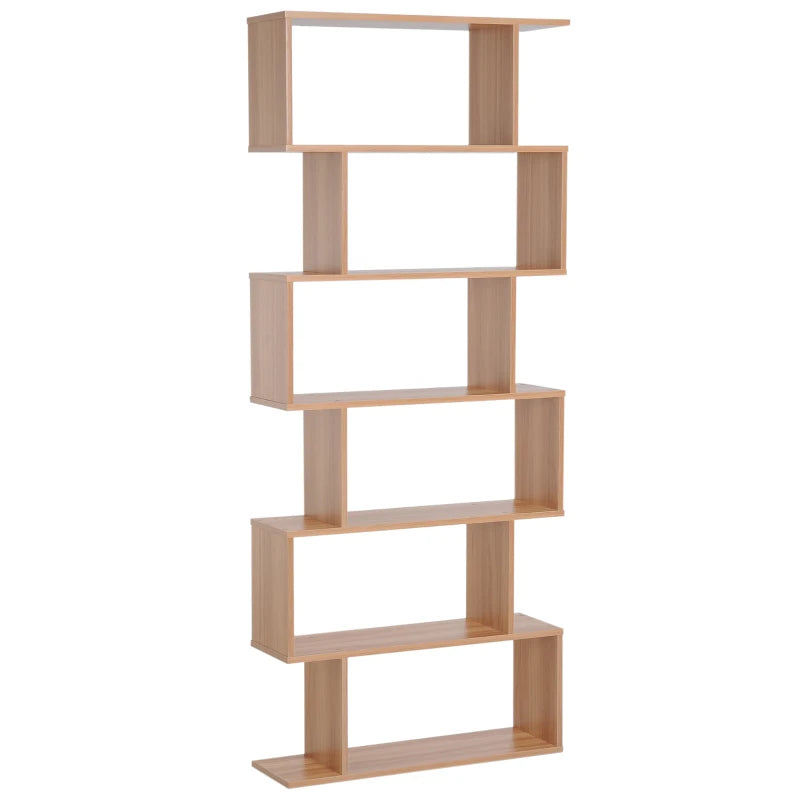 Unique 6-Tier S-Shaped Bookcase - Stylish Storage & Display Shelf for Living Room, Bedroom, Home Office, Plants - Maple Finish