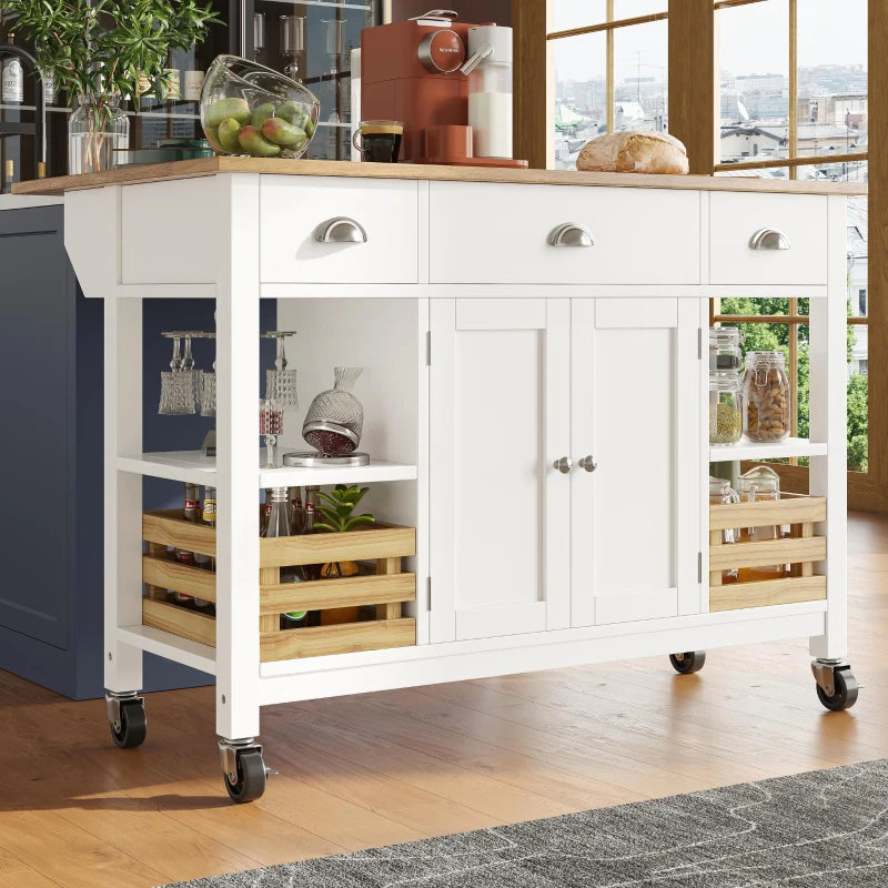 Rolling Kitchen Island Trolley with Adjustable Shelf, 3 Drawers, Spice Rack & Folding Side Board - White, 120x45x90 cm
