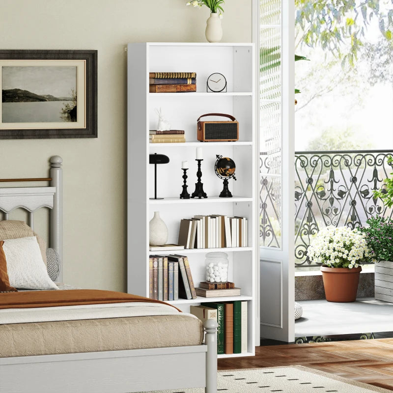 Modern White Six Shelf Bookcase - Stylish Storage Solution for Home or Office, Perfect for Organizing Books and Decor