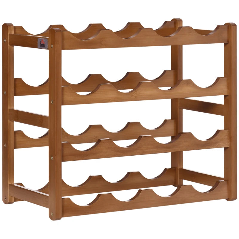 Free Standing Bamboo Wine Rack - 16 Bottle Holder, 4-Tier Water Bottle Organizer, Stylish Display Shelf for Home Bar, Brown