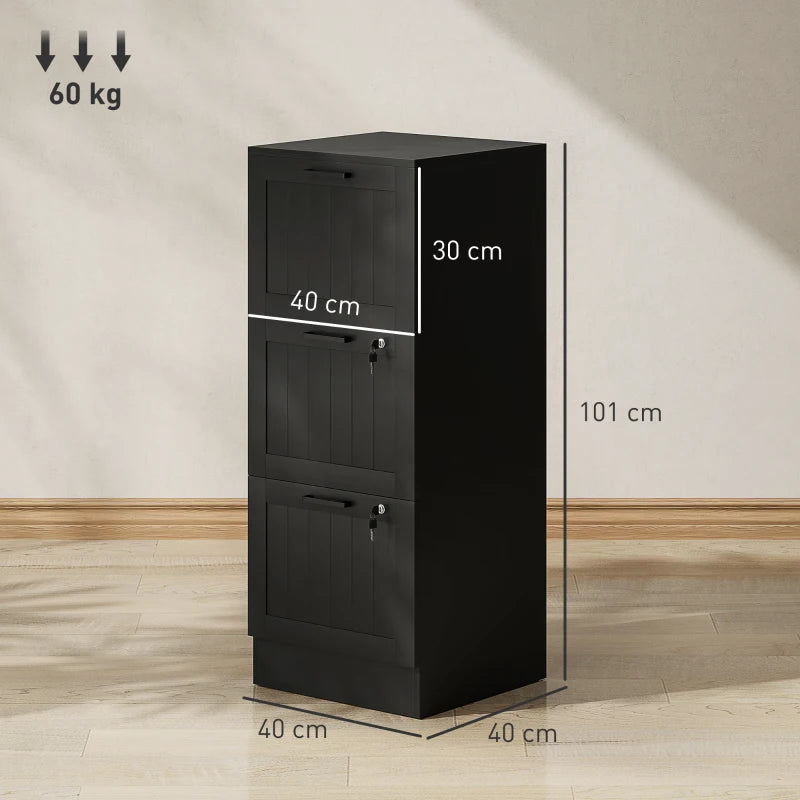 Secure 3 Drawer Filing Cabinet with Lock - Adjustable Hanging Bars for A4 Files - Stylish Black Office Storage Solution