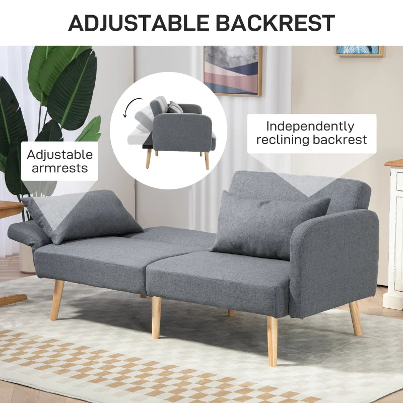 Grey Two-Seater Click-Clack Sofa Bed with Cushions for Space-Saving Comfort and Style