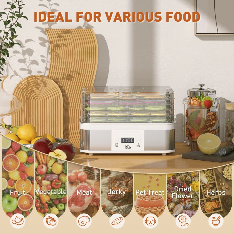 5-Tier Stainless Steel Food Dehydrator - 245W Adjustable Temperature & Timer, LCD Display for Fruits, Vegetables, Jerky & Pet Treats
