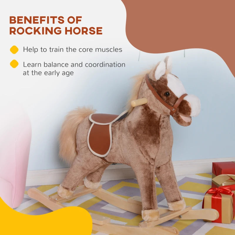 Kids Plush Rocking Horse with Wooden Base - Ride-On Toy for Ages 3+, Fun Gift for Children (Brown)