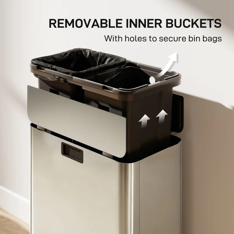 Dual Kitchen Bin with Soft-Close Butterfly Lid - 2x28L Stainless Steel Pedal Bin, Fingerprint-Proof for Recycling & Waste, Silver