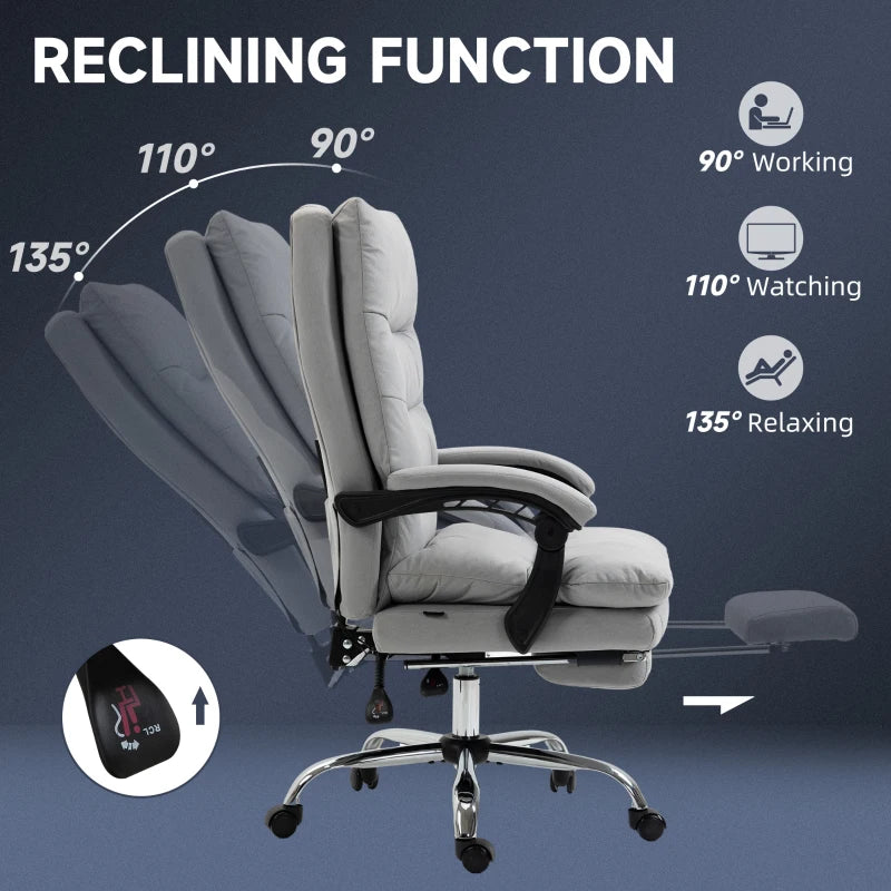 Vinsetto Ergonomic Office Chair with Footrest, 6-Point Massage & Heating, Double Padding, 135° Recline, Grey Microfibre