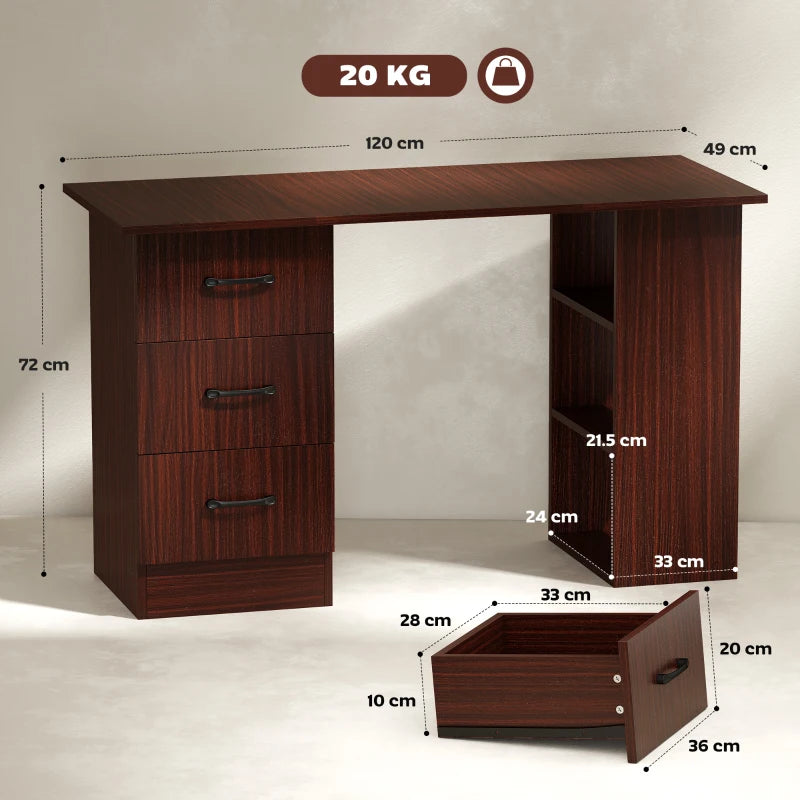 Walnut Brown Computer Desk with 3 Storage Shelves & Drawers - Stylish Writing Table for Home Office, Black Handle