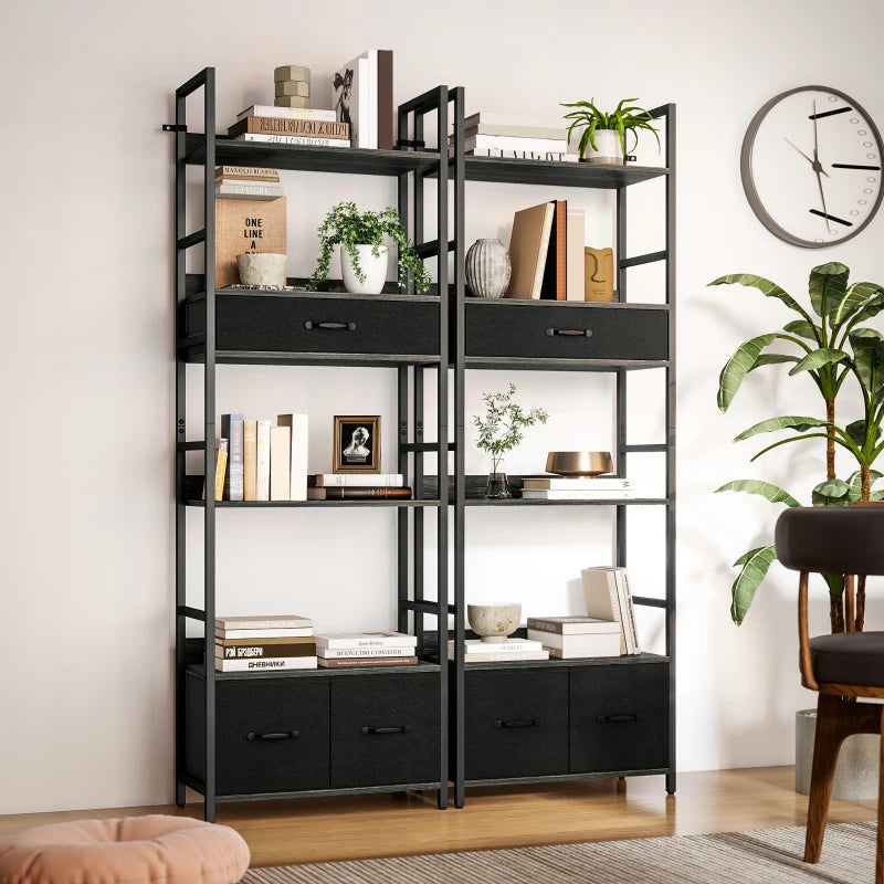 Industrial Style Bookcase with 4 Shelves & 3 Fabric Drawers - Modern Grey/Black Storage Solution for Home or Office