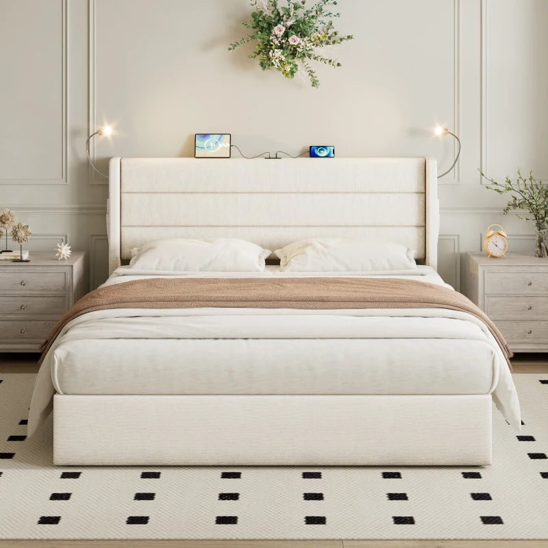 King Upholstered Bed with Hydraulic Storage & LED Reading Light - Beige, 208L x 158W x 113H cm, Stylish Headboard
