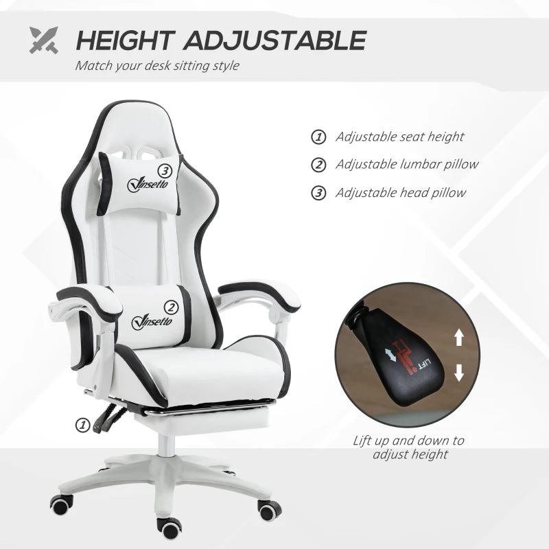 Vinsetto Gaming Chair with Footrest - PU Leather Office Desk Chair, 135° Recline, Lumbar Support, Headrest, White & Black