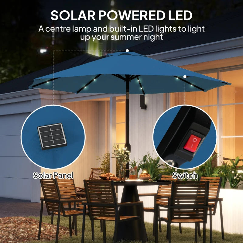 2.7m Blue LED Lighted Patio Umbrella - Outdoor Garden Parasol for Night Use