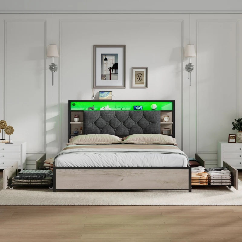 Double Bed Frame with Storage Drawers & RGB LED Lights, USB Ports, Grey & Rustic Brown, 207x138x101 cm
