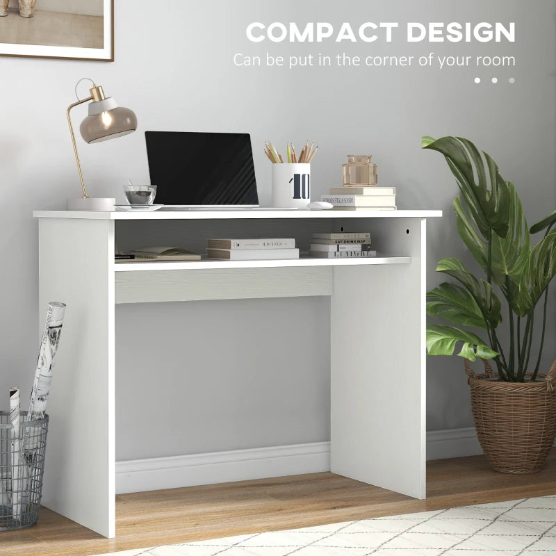 Modern White Wood Grain Computer Desk - Small Home Office Writing Table with Storage Shelf, 90 x 50cm