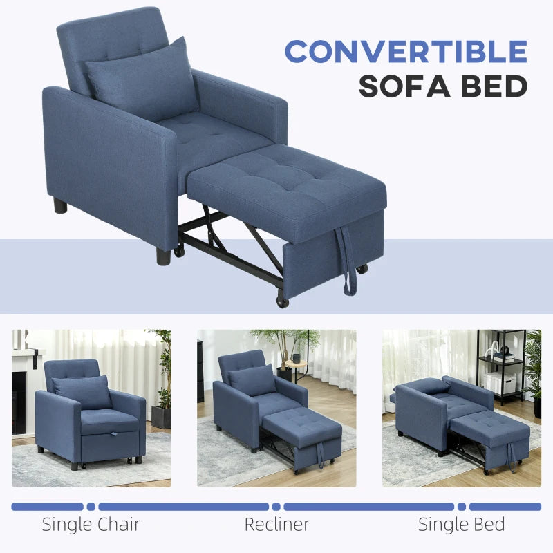 Convertible 3-in-1 Chair Bed with Adjustable Backrest, Pillow and Footrest for Living Room, Blue