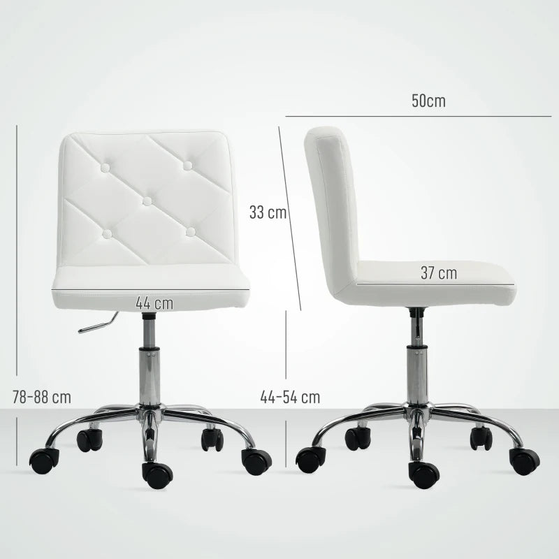 Modern PU Leather Armless Office Chair - Adjustable Height Swivel Vanity Chair with Rolling Wheels for Home Study & Bedroom - White