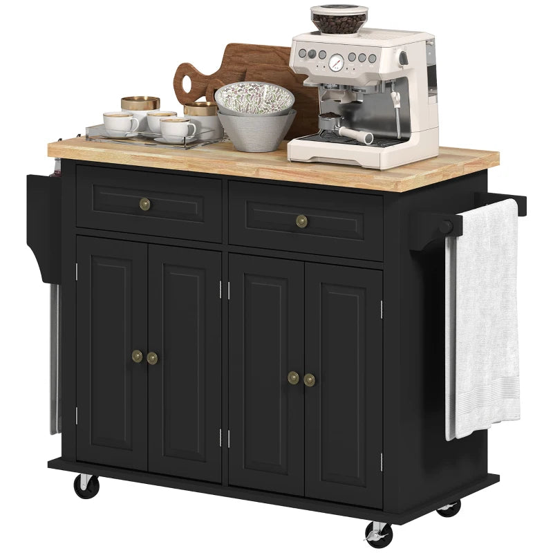Rolling Kitchen Island Storage Trolley with Rubber Wood Top & Drawers - Stylish Black Dining Room Cart