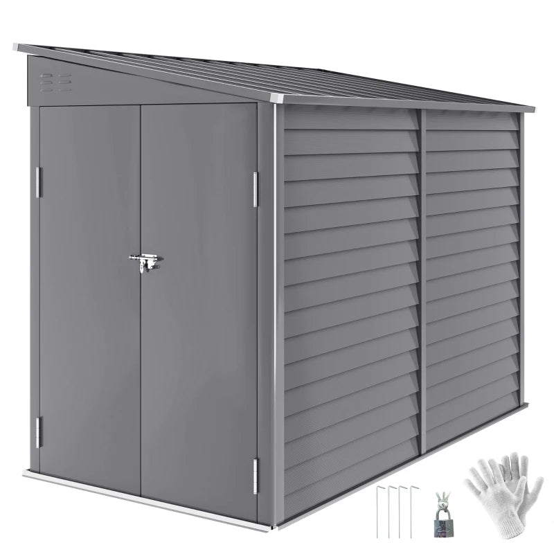 5x9ft Galvanised Metal Garden Shed with Foundation Kit – Lockable Outdoor Lean-to Storage with Vents & Gloves – Grey