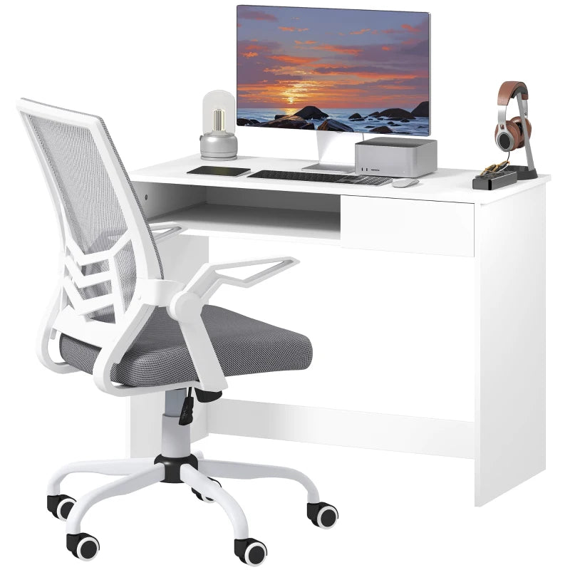 Vinsetto Home Office Chair & Desk Set - Ergonomic Mesh Chair with Flip-up Armrests, Study Desk with Keyboard Tray, White & Grey
