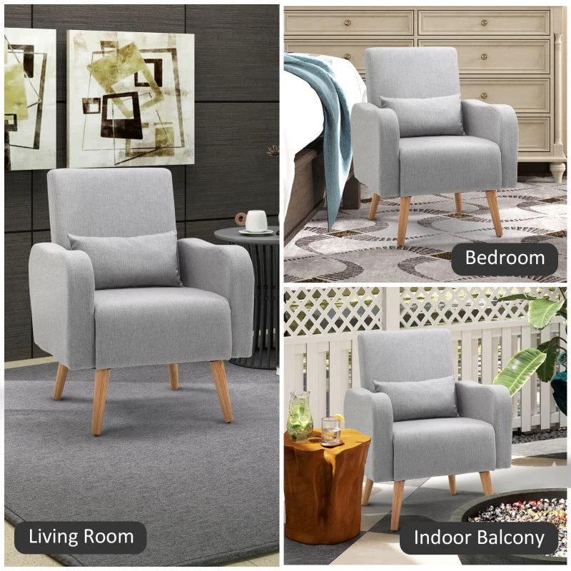 Linen-Touch Accent Chair with Pillow - Upholstered Lounge Sofa for Living Room, Grey Club Chair with Wooden Frame