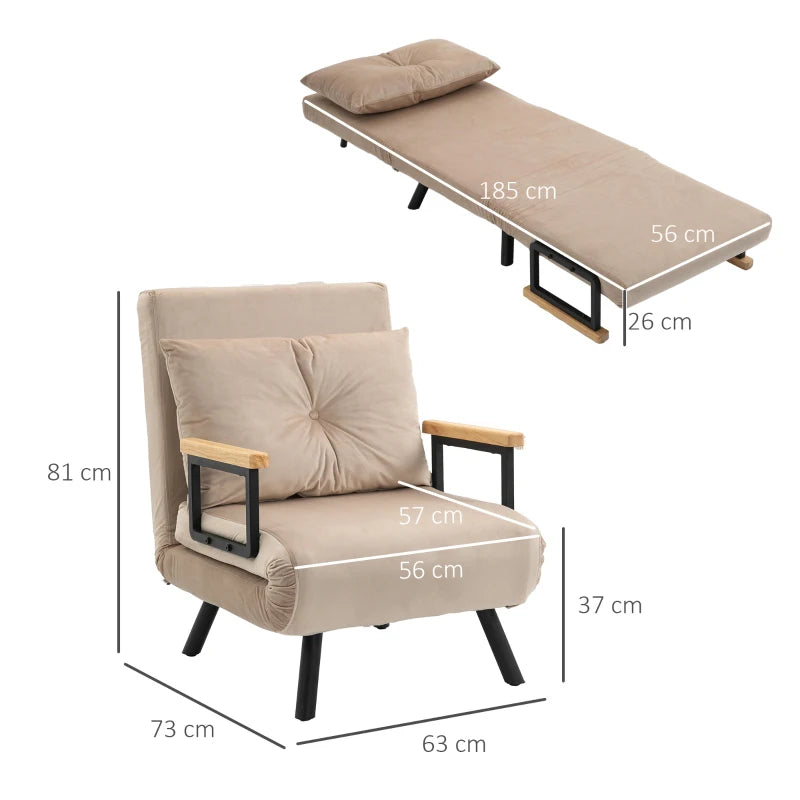 Velvet-Feel Single Chair Bed with Pillow in Beige – Versatile 4-in-1 Design for Comfort and Style