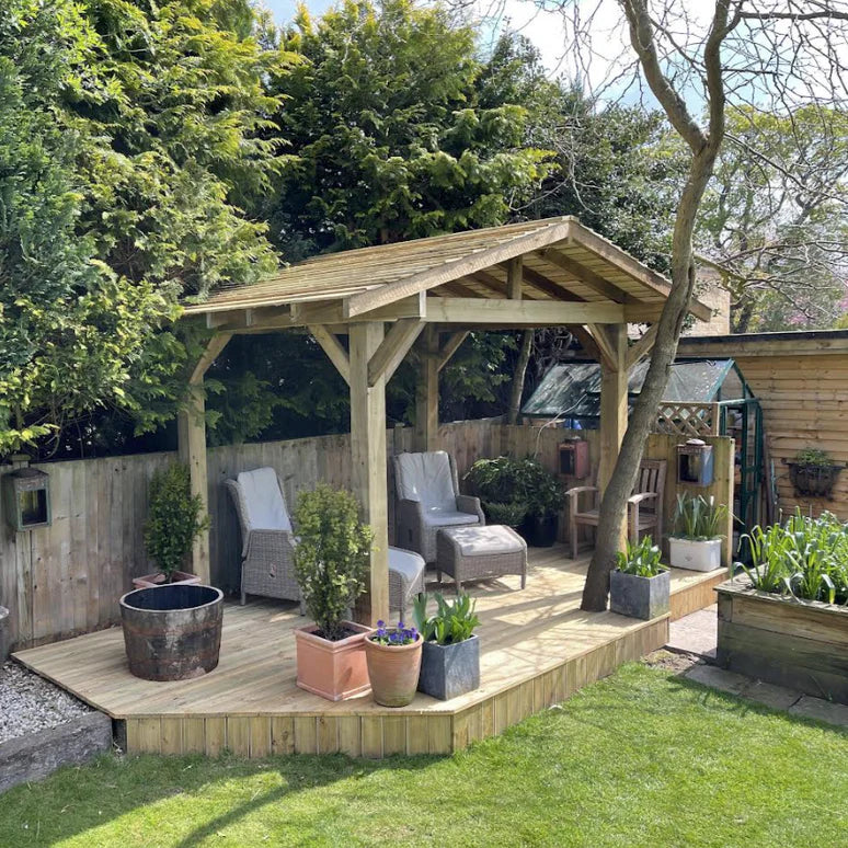 Ruby Wooden Apex Gazebo with Cedar Featheredge Roof – With Overhang Design