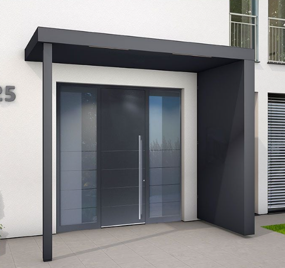 BS250PLUS (125cm projection) Aluminium Canopy with Post, Side Panel with Drainage + LED light - 250x125cm - RAL 7016 Anthracite Grey