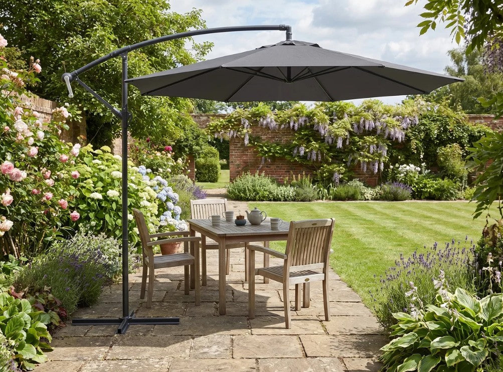 3m Overhang Cantilever Garden Parasol with Steel Frame, 8-Rib Support & Cross Base – Easy Crank Shade Umbrella (Grey)