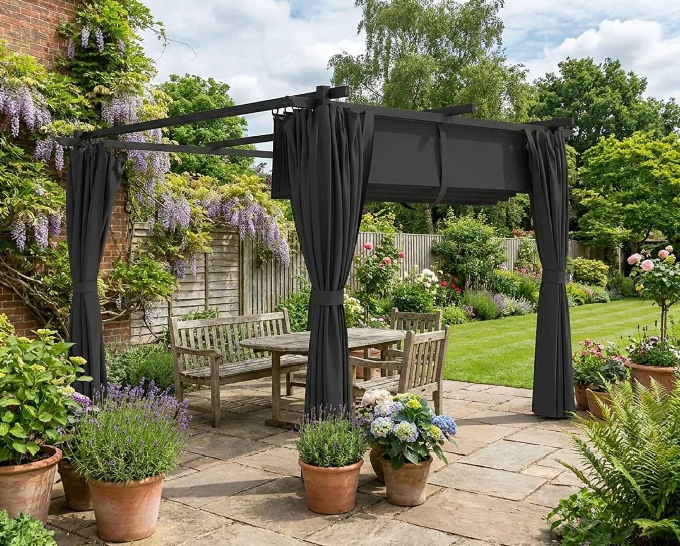 3m x 3m Dark Grey Retractable Roof Pergola with Curtains