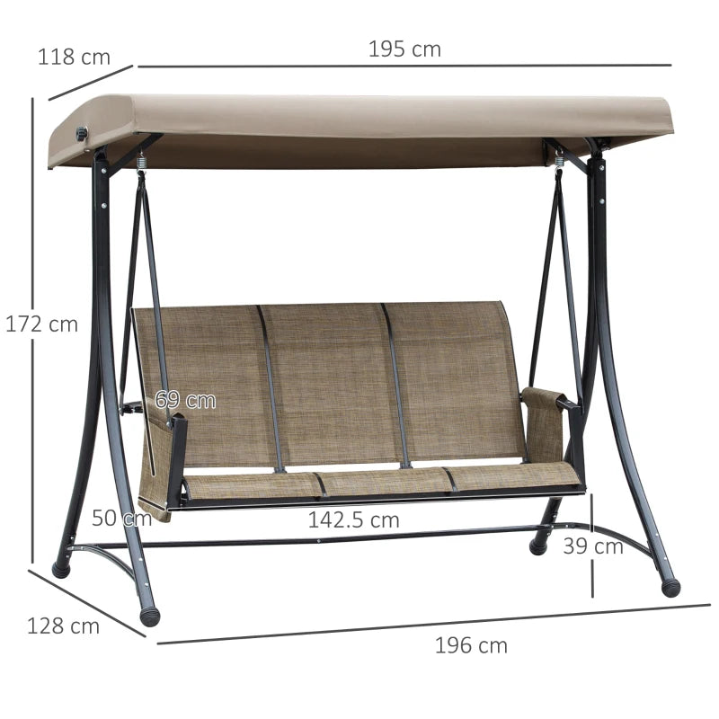 Brown 3-Seater Outdoor Swing Chair with High Back Design and Adjustable Canopy