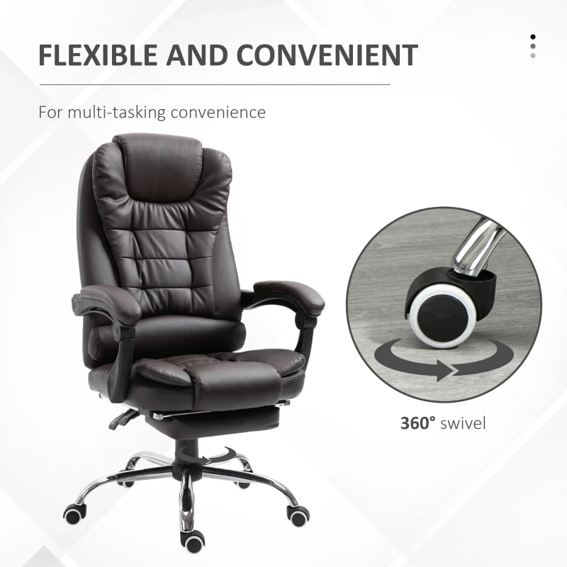 PU Leather Executive Office Chair - High Back Swivel with Retractable Footrest, Adjustable Height & Reclining Function in Brown