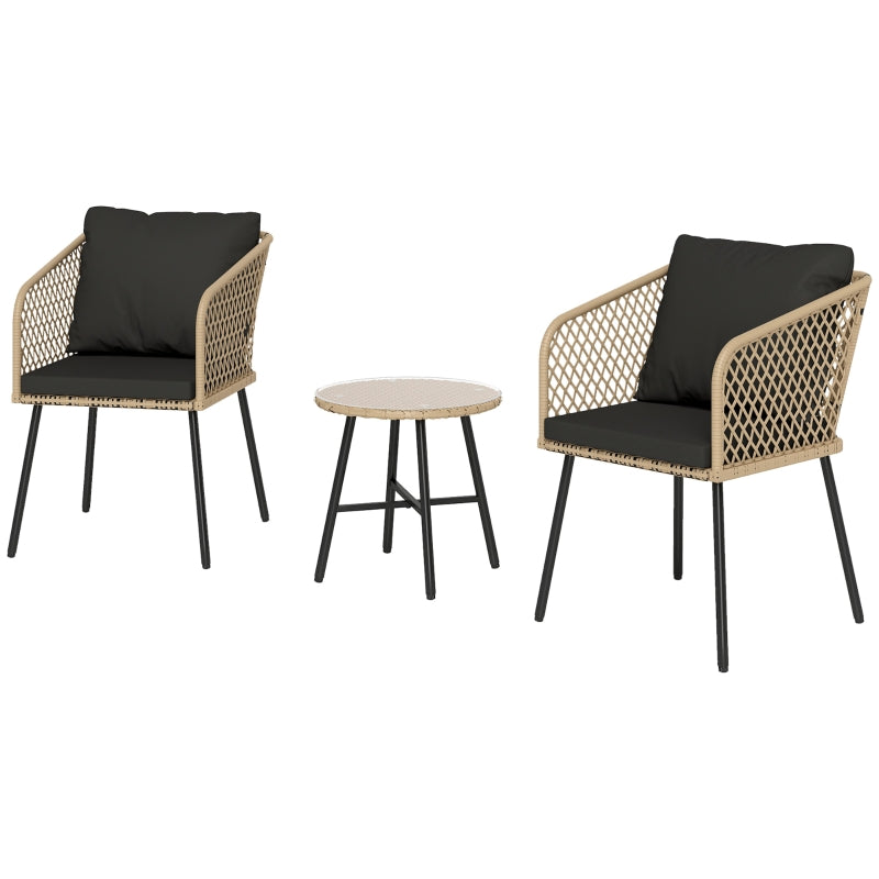 3 Piece Rattan Bistro Set with 2 Chairs, Glass Table, Cushions, Adjustable Feet, Wood Finish