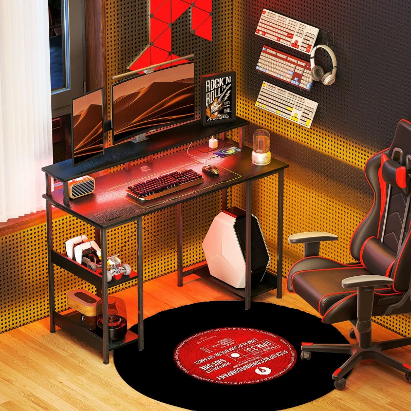 Modern LED Computer Desk with Power Outlets & Shelves - Stylish Black Home Office Furniture