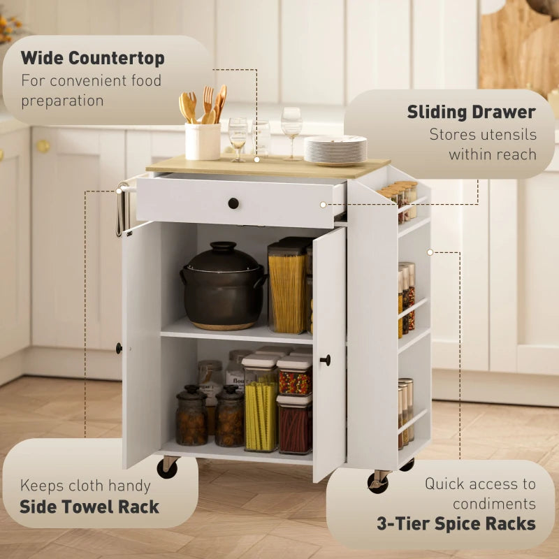 Rolling Kitchen Island Cart with 3-Tier Spice Rack, Drawer & Towel Holder - White Kitchen Storage Solution