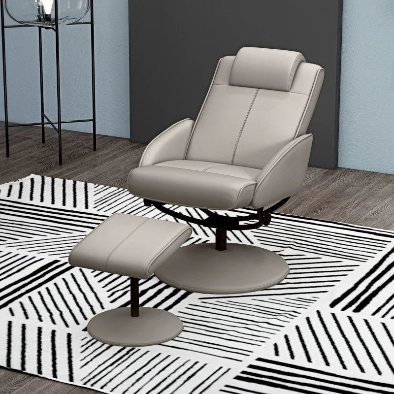 Swivel PU Leather Recliner Chair with Footstool and Adjustable Backrest for Living Room and Bedroom in Grey
