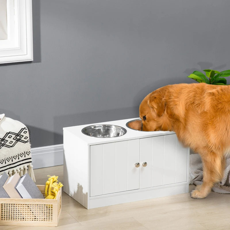 Elevate Your Pet's Dining: Stylish White Raised Feeder with Two Bowls & Convenient Storage