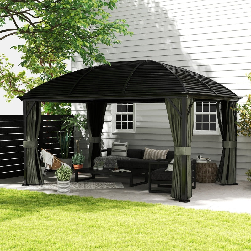 3m x 4m Hardtop Gazebo Canopy - Dark Grey Aluminium Pavilion with Metal Roof, Netting & Curtains