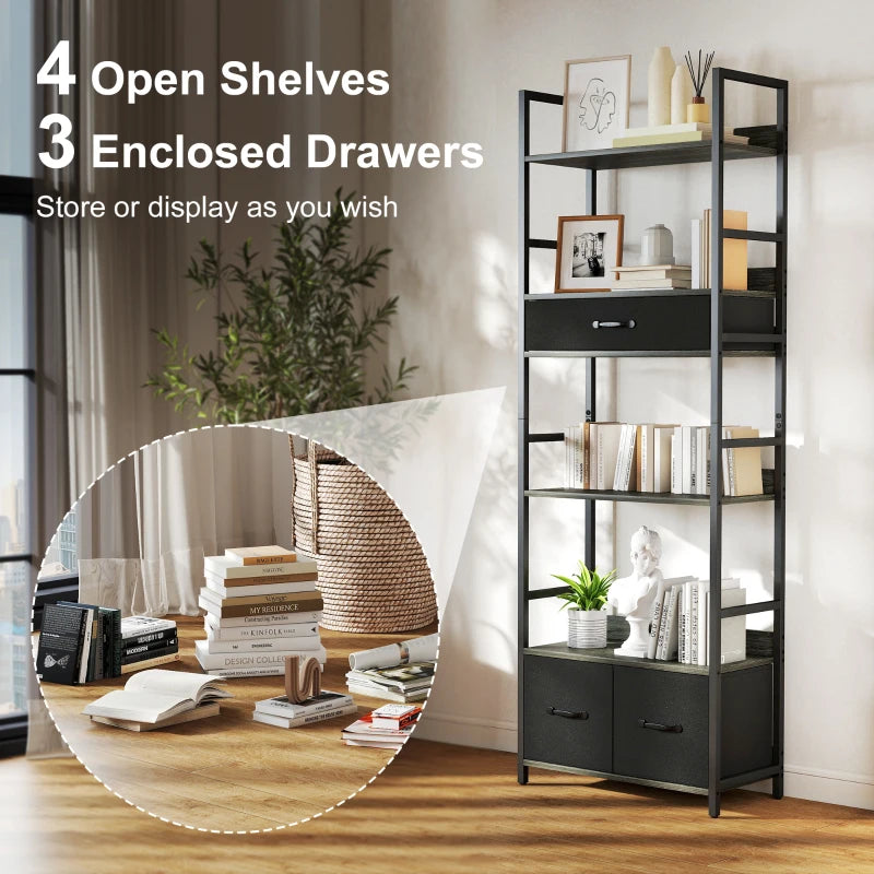 Industrial Style Bookcase with 4 Shelves & 3 Fabric Drawers - Modern Grey/Black Storage Solution for Home or Office