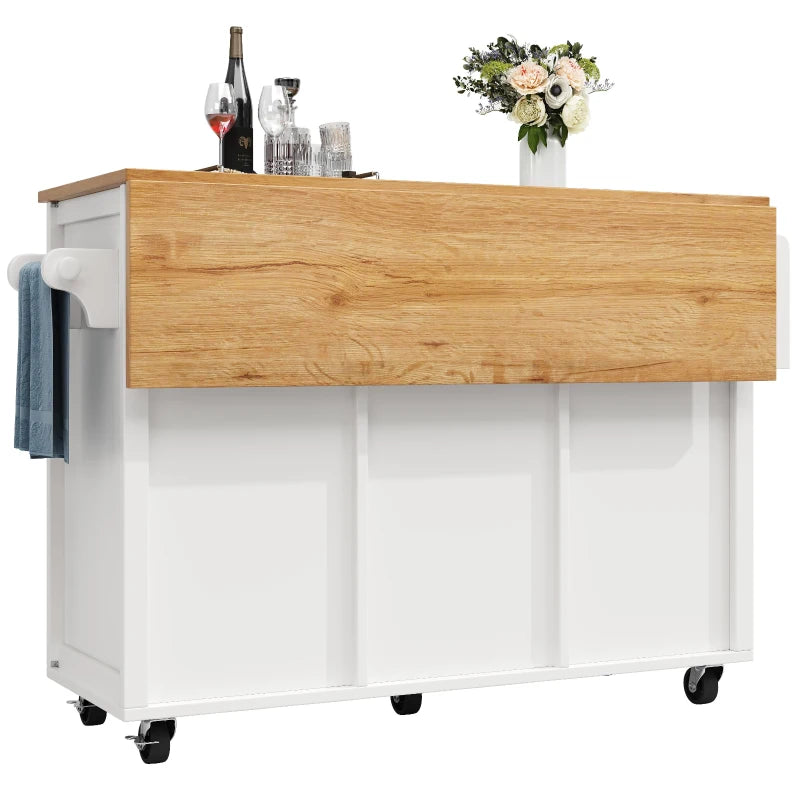 White Kitchen Island Trolley with Folding Worktop, Adjustable Shelves, Wine Rack & Spice Racks - Utility Cart 138L x 73W x 92H cm