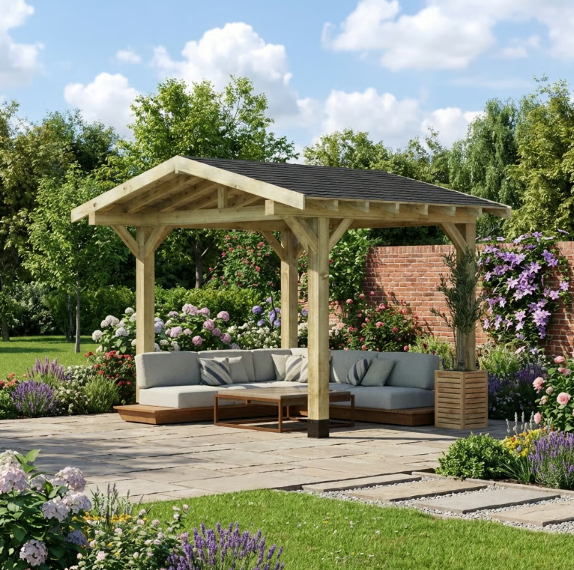 Ruby Wooden Apex Gazebo with Katepal Black Shingle Roof & Overhang - Premium Weatherproof Garden Gazebo