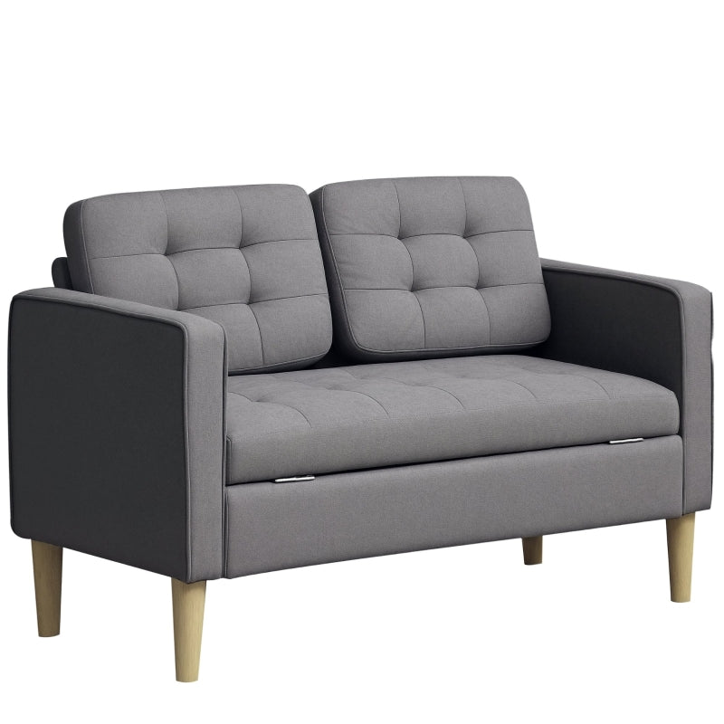 Compact 2 Seater Sofa with Hidden Storage, 117cm Tufted Cotton Couch for Living Room or Kitchen, Grey