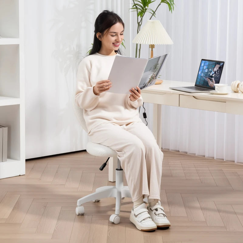 Armless Heart Computer Desk Chair - Teddy Fleece Swivel Office Chair, Adjustable Height, Wheels, Ideal for Home Study & Bedroom, White