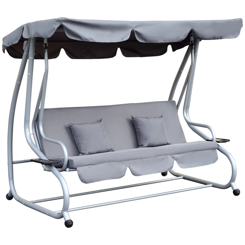 Grey 3 Seater Convertible Garden Swing Bed with Canopy and Cushions